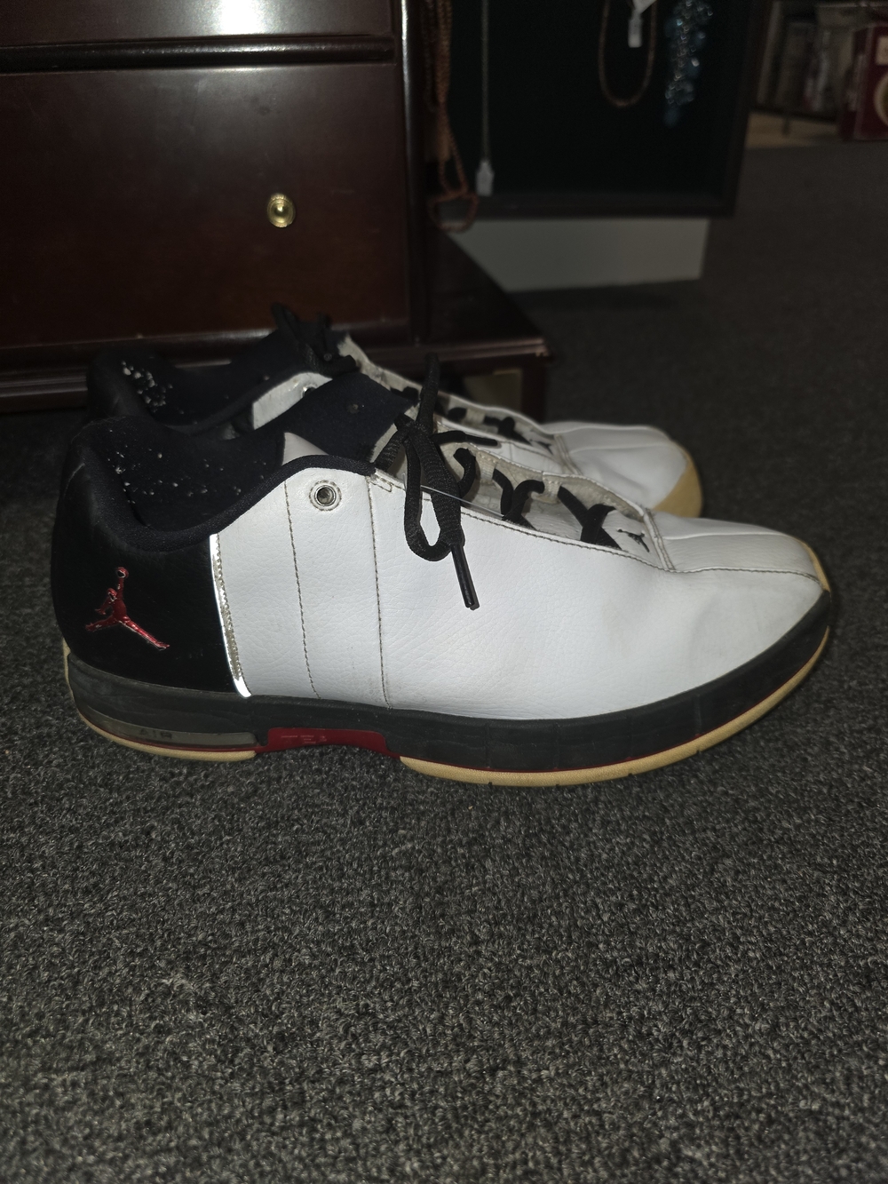 Jordan Men's White and Black Low-Top Sneakers with Red Logo